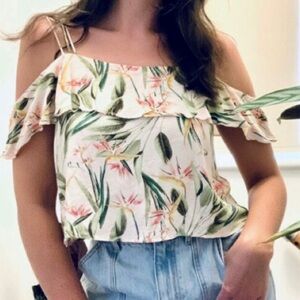 ZARA Cropped Cold Shoulder Hawaiian Tiki Floral Palm Print Top, Size S